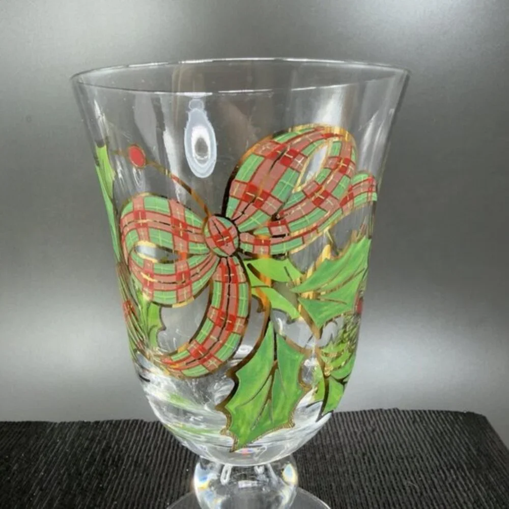 Lenox Holiday Plaid Ribbon Iced Tea Glass Footed Goblet‎ Cup Hand Painted Single
